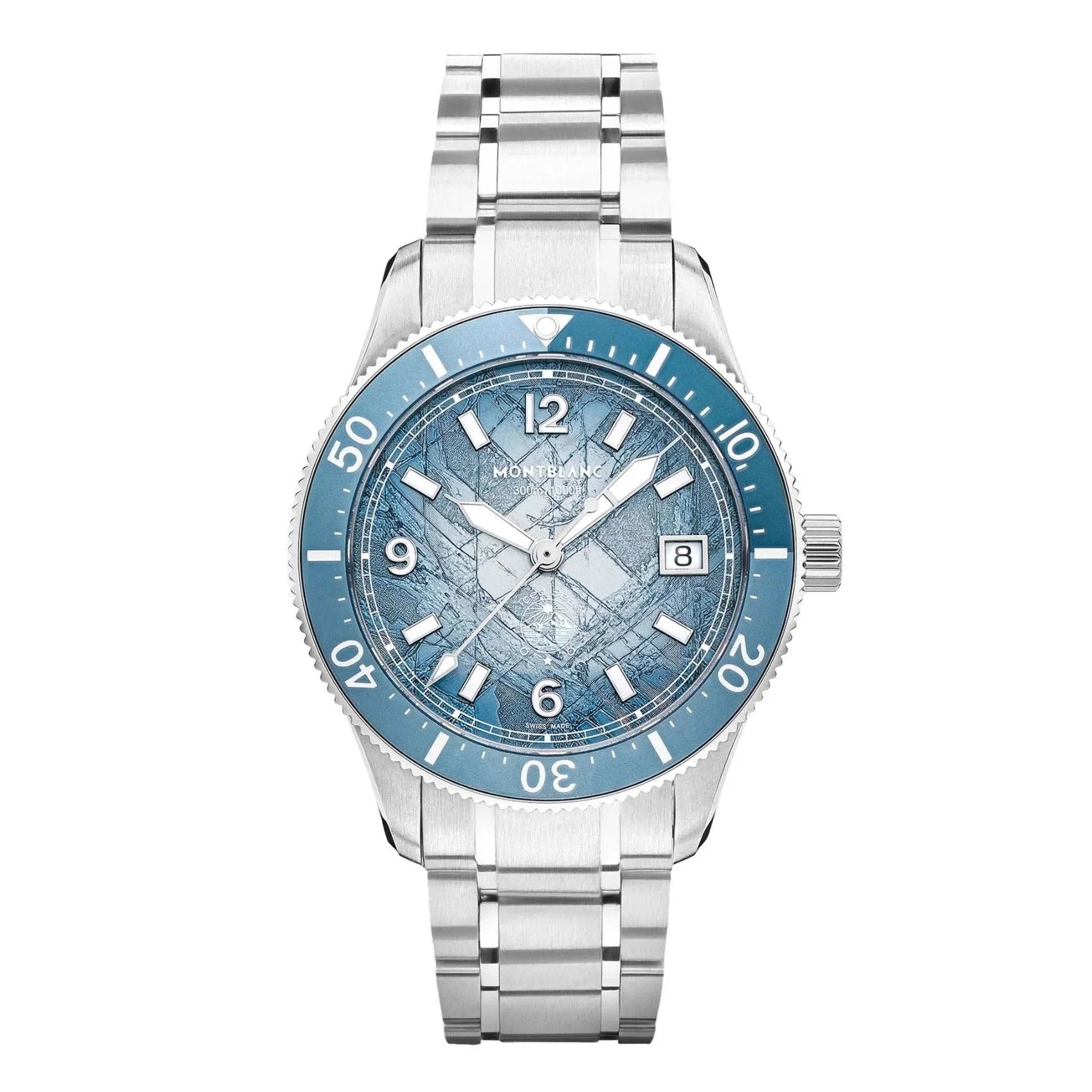 Montblanc iced sea automatic orologio con bracciale acciaio argento e quadrante blu con mappa dettagliata