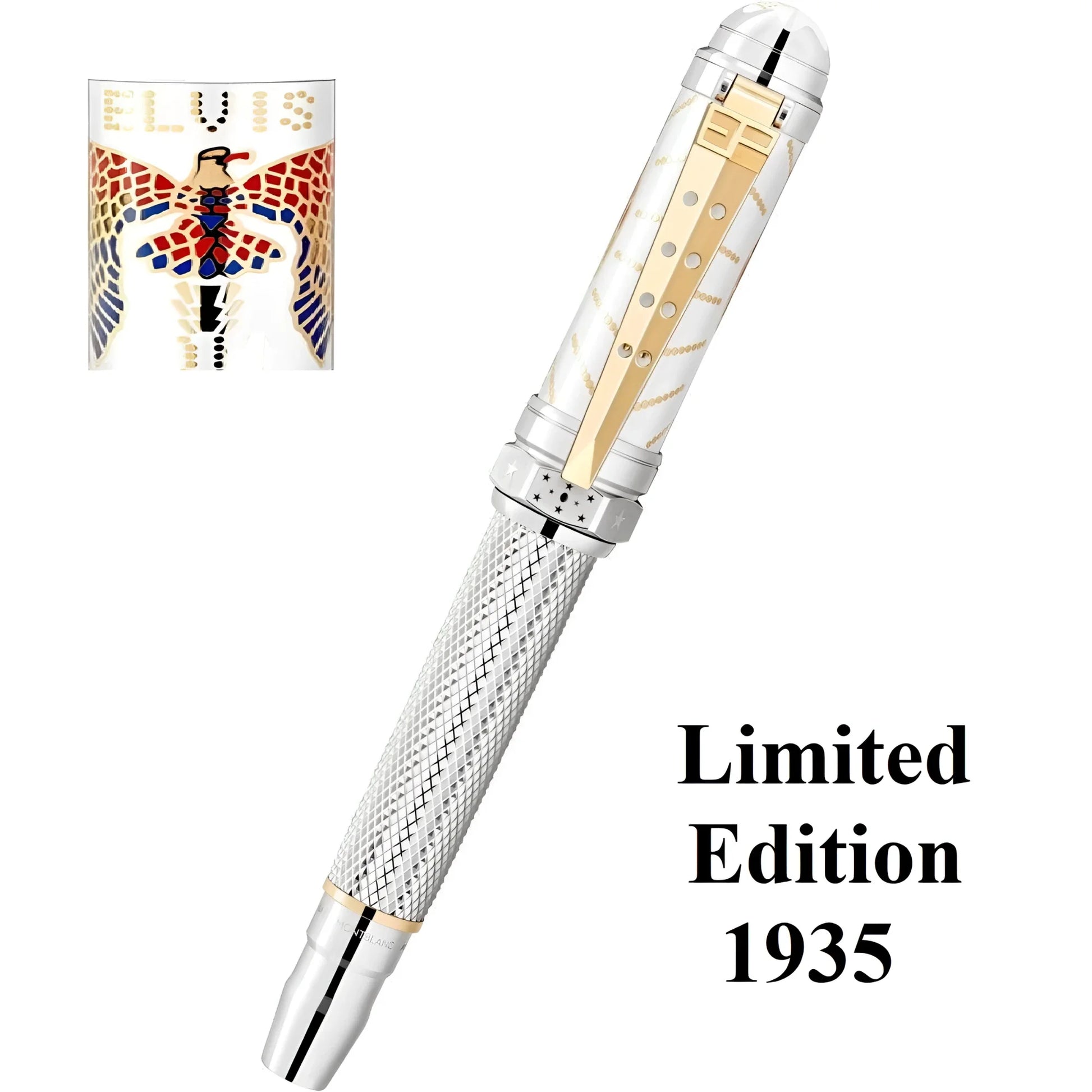 Montblanc roller great characters limited edition fountain pen silver gold with elvis presley mosaic cap design