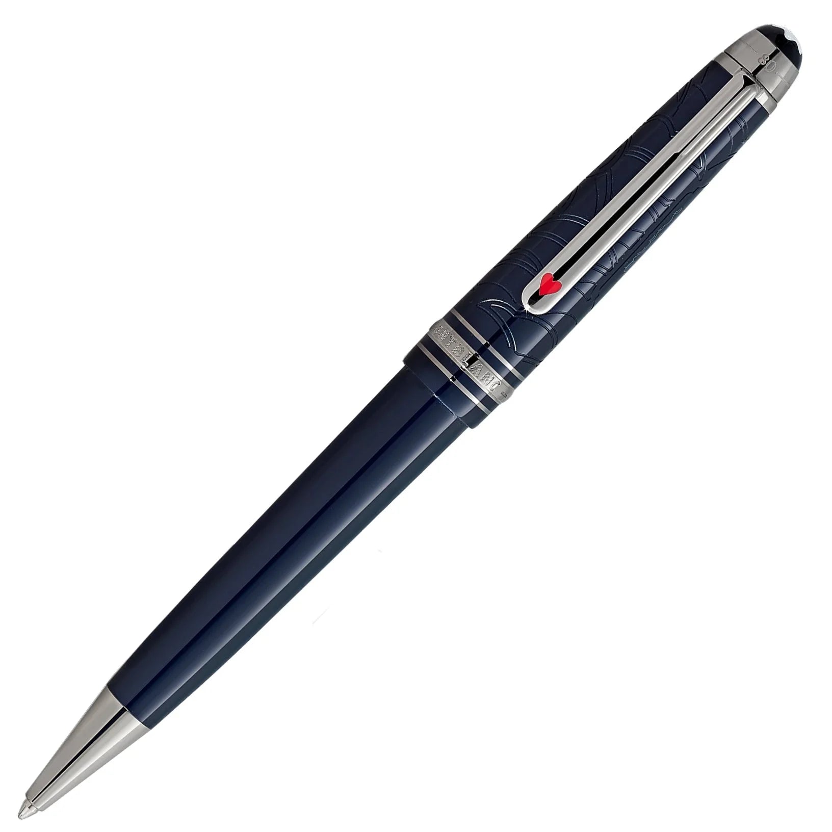 Penna sfera montblanc navy blue con accenti argento e cuore rosso sulla clip della collezione autour du monde