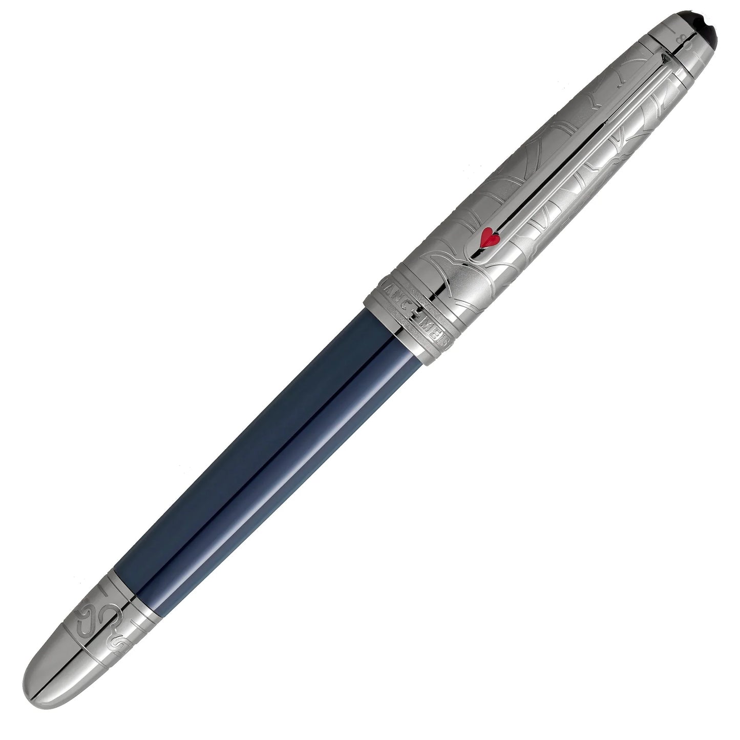 Montblanc roller doué classique meisterstück navy blue pen with silver-plated clip engraved patterns and red heart accent around the world edition