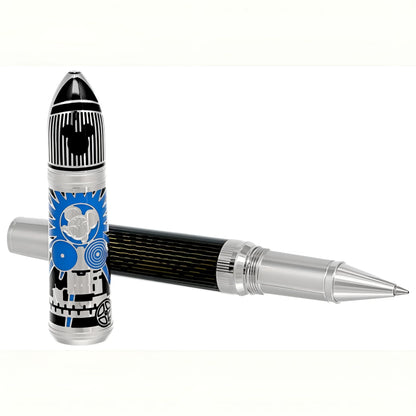 Montblanc roller great characters walt disney edizione limitata penna rollerball nera e argento con cappuccio mickey mouse blu e bianco