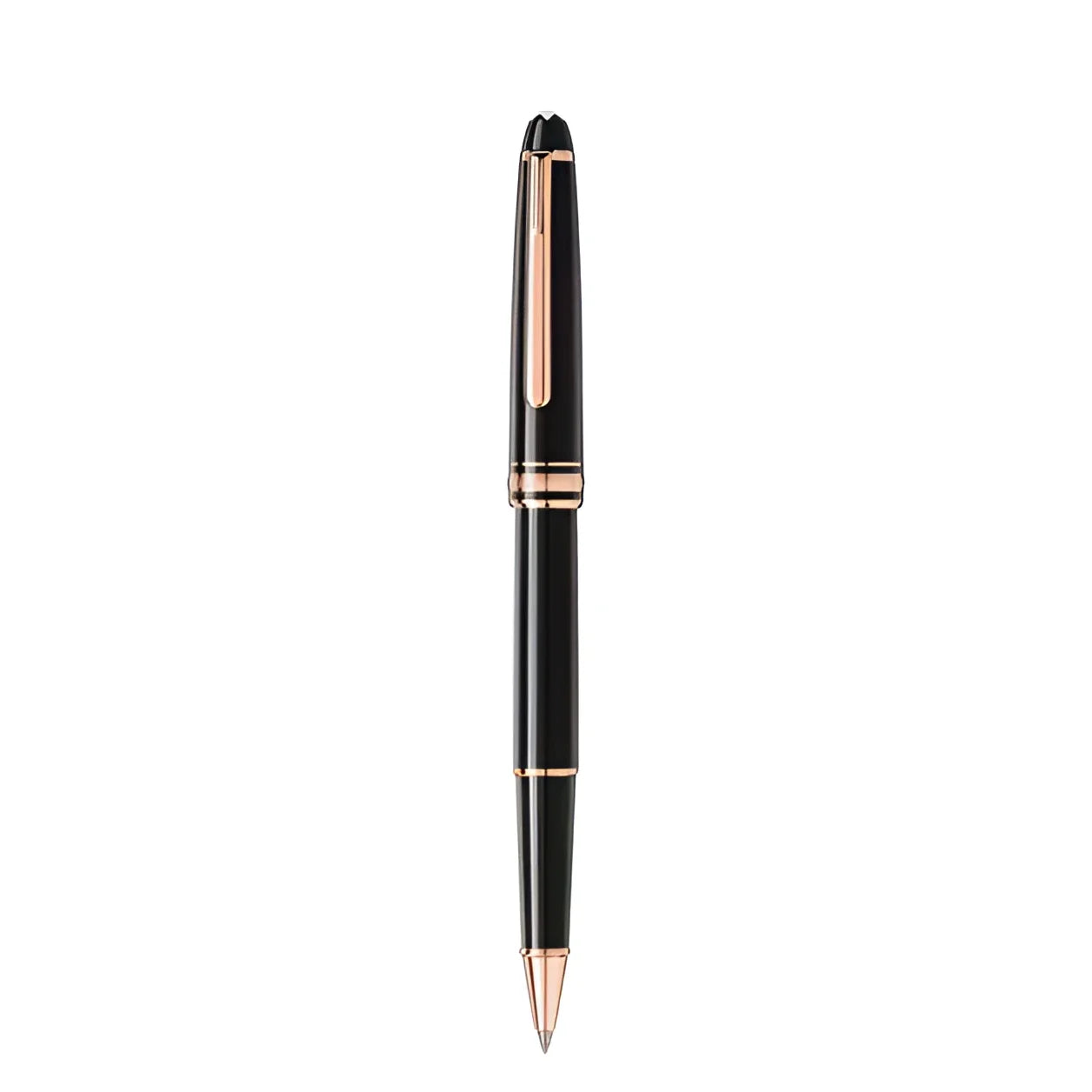 Roller montblanc meisterstück in pregiata resina nera con dettagli in red gold e finitura lucida elegante