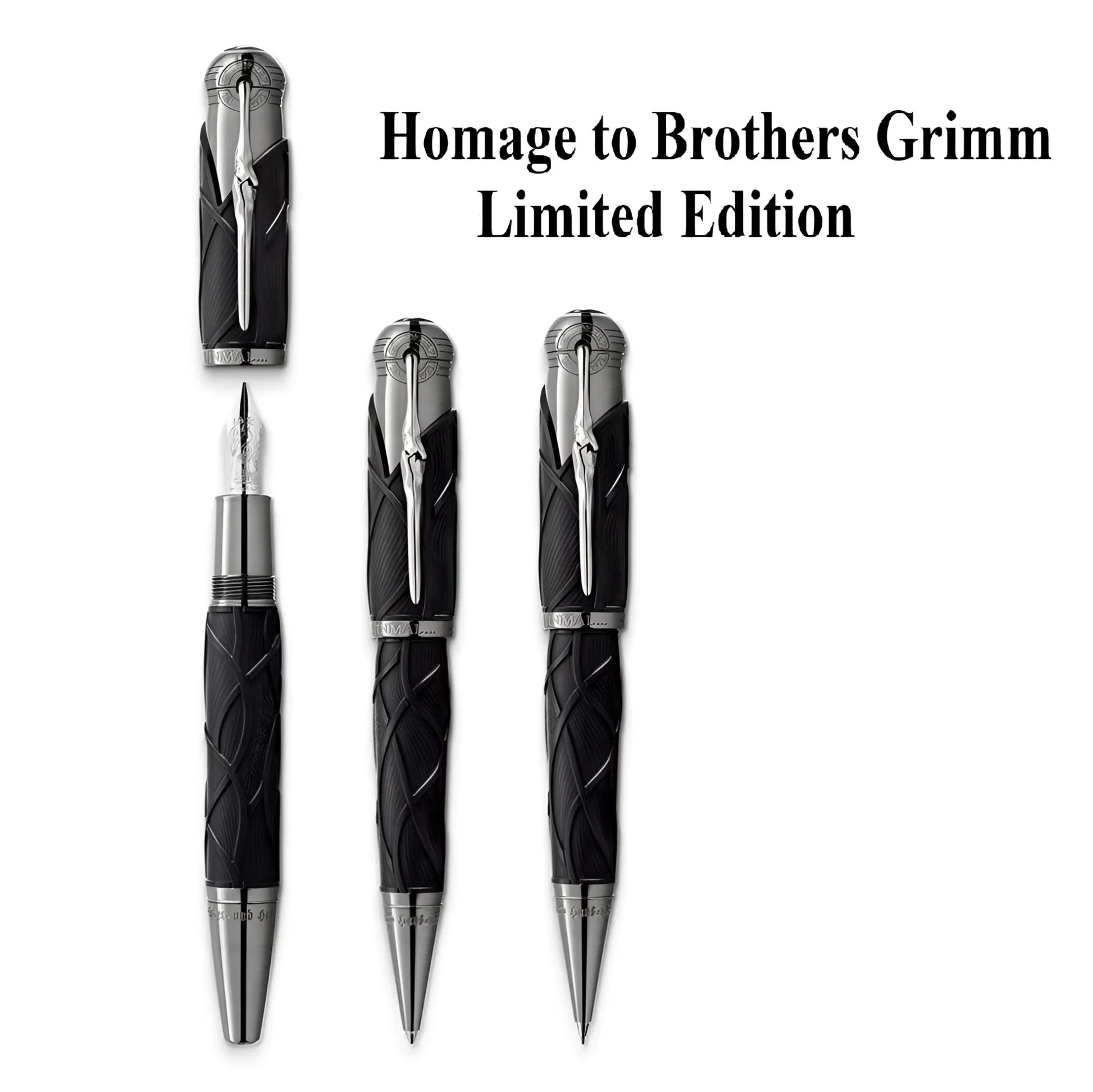 Montblanc writers edition fratelli grimm set 3 penne stileografica roller e sfera con inciso nero e argento