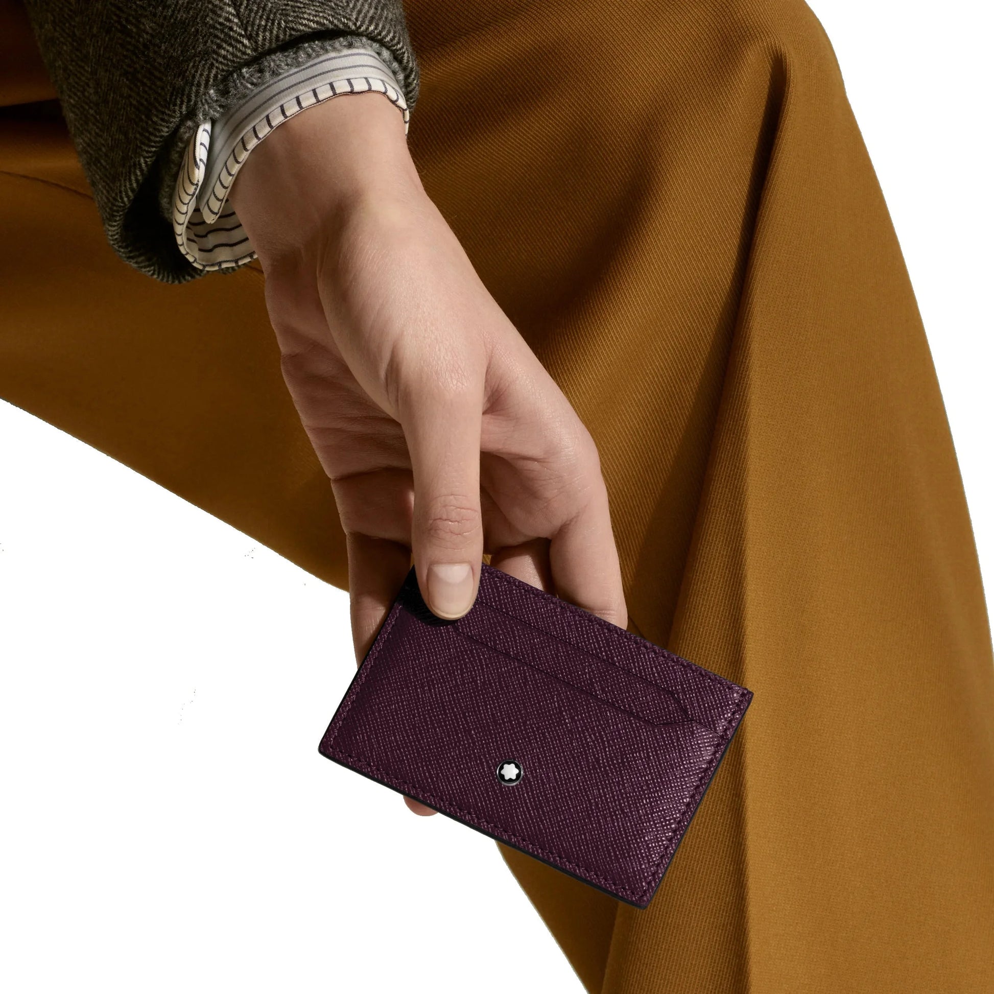 Montblanc porta carte in pregiata pelle stampa saffiano viola profondo con logo argentato e cinque scomparti
