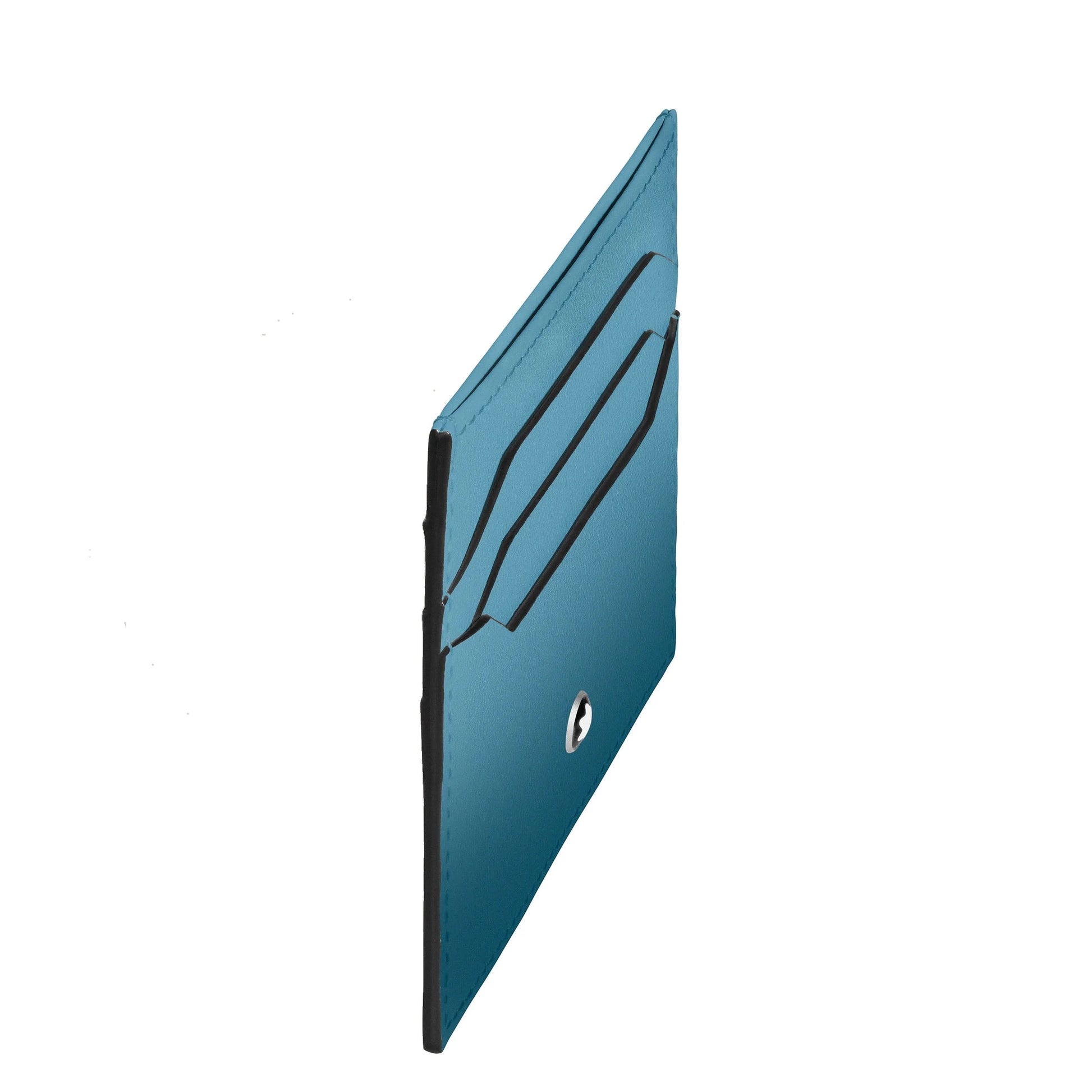 Teal porta carte in pelle con cuciture nere e chiusura tonda argento montblanc porta carte meisterstück blu fumé
