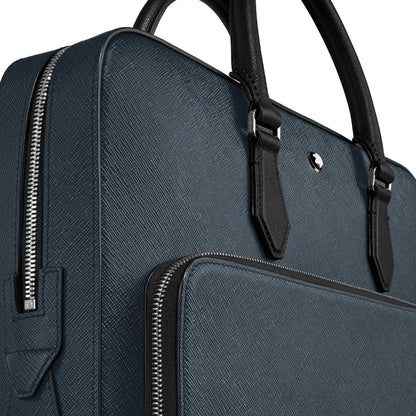 Montblanc borsa portadocumenti media in tweed blu con elegante cartella presenta capiente scomparto principale in pelle blu e manici neri