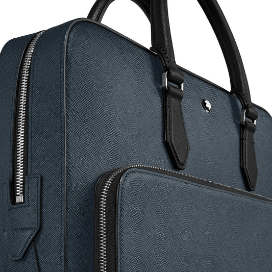 Montblanc borsa portadocumenti media in tweed blu con elegante cartella presenta capiente scomparto principale in pelle blu e manici neri
