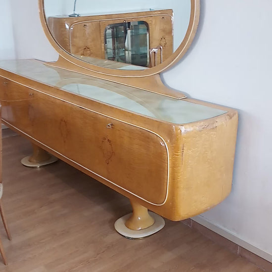 Credenza Mid-Century con specchio ovale e dettagli Art Déco — Vittorio Dassi, Italia, anni '50