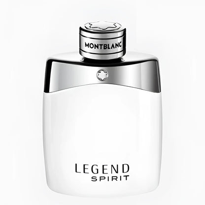 Bottiglia di montblanc legend spirit eau de toilette 100ml con corpo bianco elegante e tappo argento lucidato