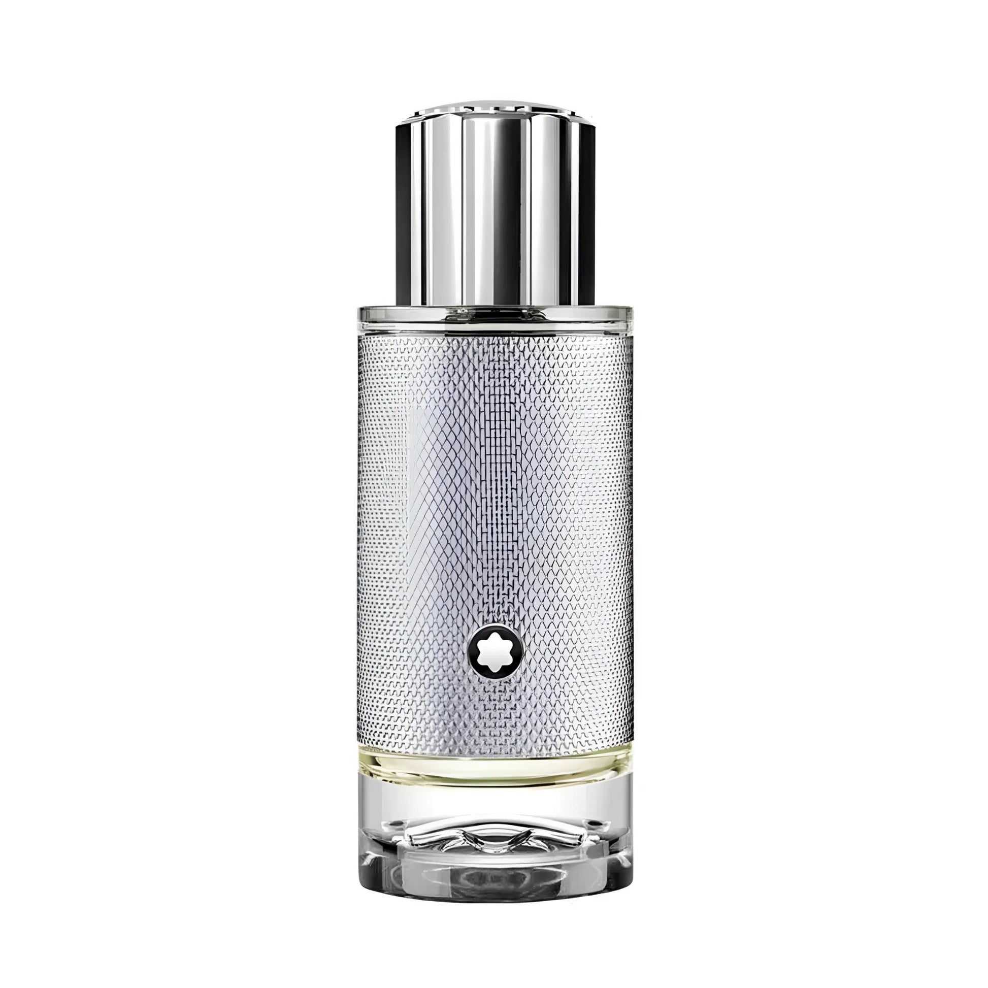 Bottiglia di profumo montblanc explorer platinum da 30ml in vetro argentato con tappo metallico a coste e logo montblanc