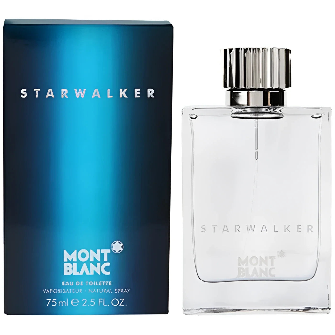 Montblanc starwalker eau de toilette 75ml mb005a01 in bottiglia di vetro trasparente con tappo argentato e confezione blu