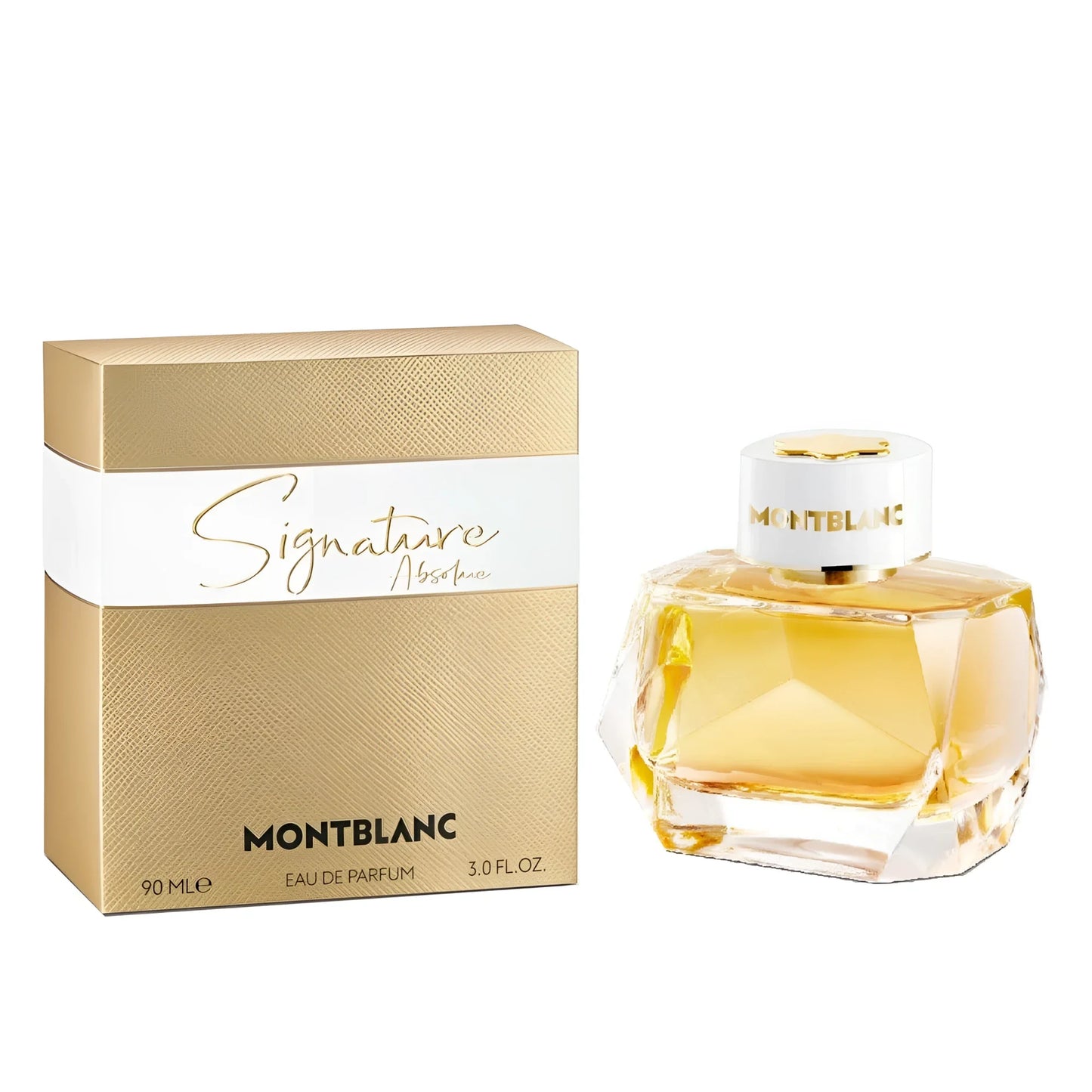 Montblanc signature absolue eau de parfum 90ml in bottiglia dorata sfaccettata con tappo bianco e confezione abbinata texture oro