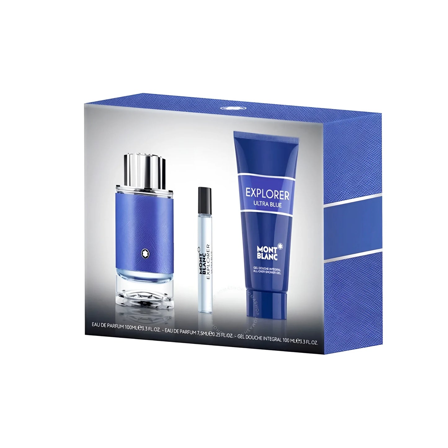 Set regalo montblanc explorer ultra blue con profumo uomo in bottiglia blu testurizzata, tappo argento e gel doccia abbinato