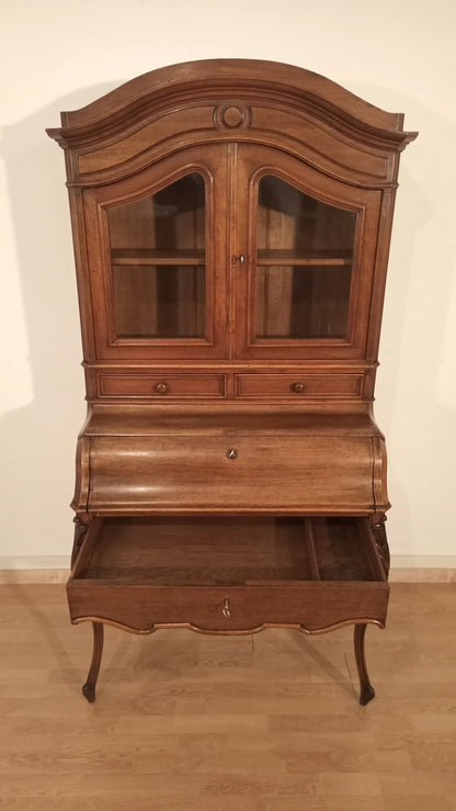 Credenza scrittoio in rovere massello ottocentesco restaurata con vetrina superiore in legno vintage
