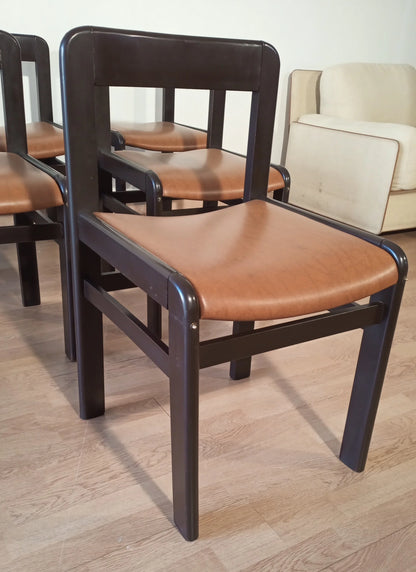Sedie da pranzo vintage anni 70 set di 6 con sedie in legno scuro e cuscino in pelle marrone