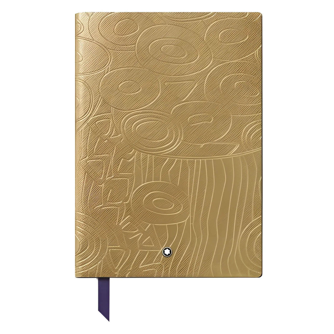 Elegante blocco note montblanc in pelle dorata con motivi in rilievo e nastro viola omaggio a gustav klimt