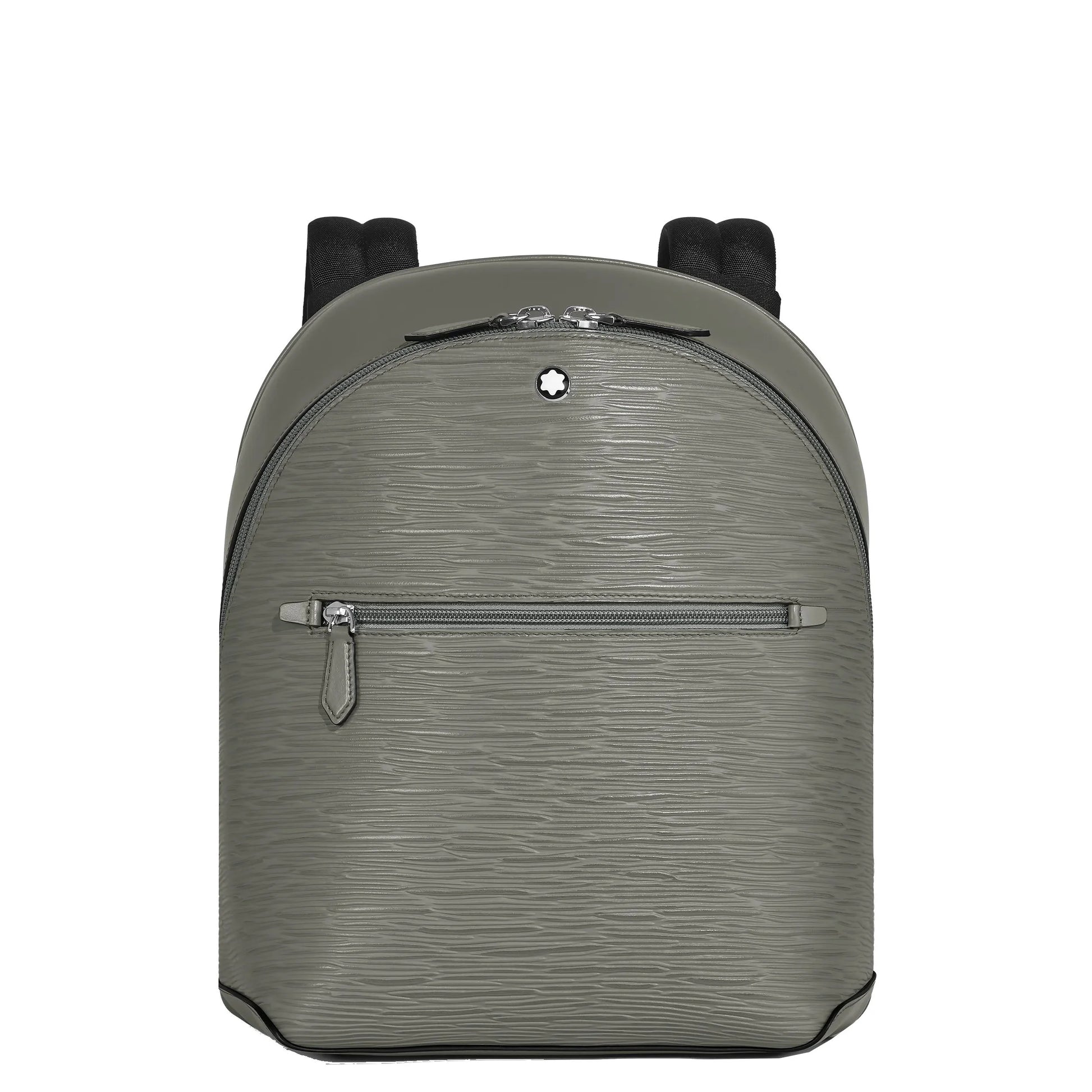Montblanc zaino mini in pelle grigio medio con texture verde oliva, cerniere argento e dettagli neri eleganti