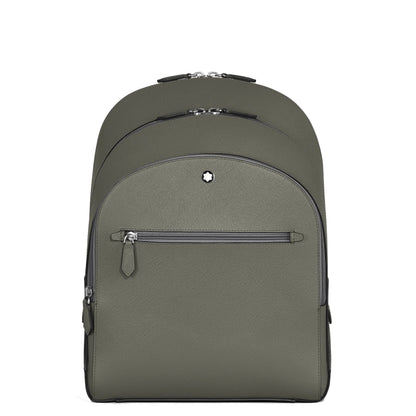 Zaino medio montblanc in pelle olive con stampa saffiano grigio medio e raffinato stile urbano con logo centrale